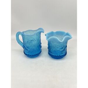 L G WRIGHT Cherries Blue Opalescent Ruffle Top Open Sugar Bowl & Creamer - #201